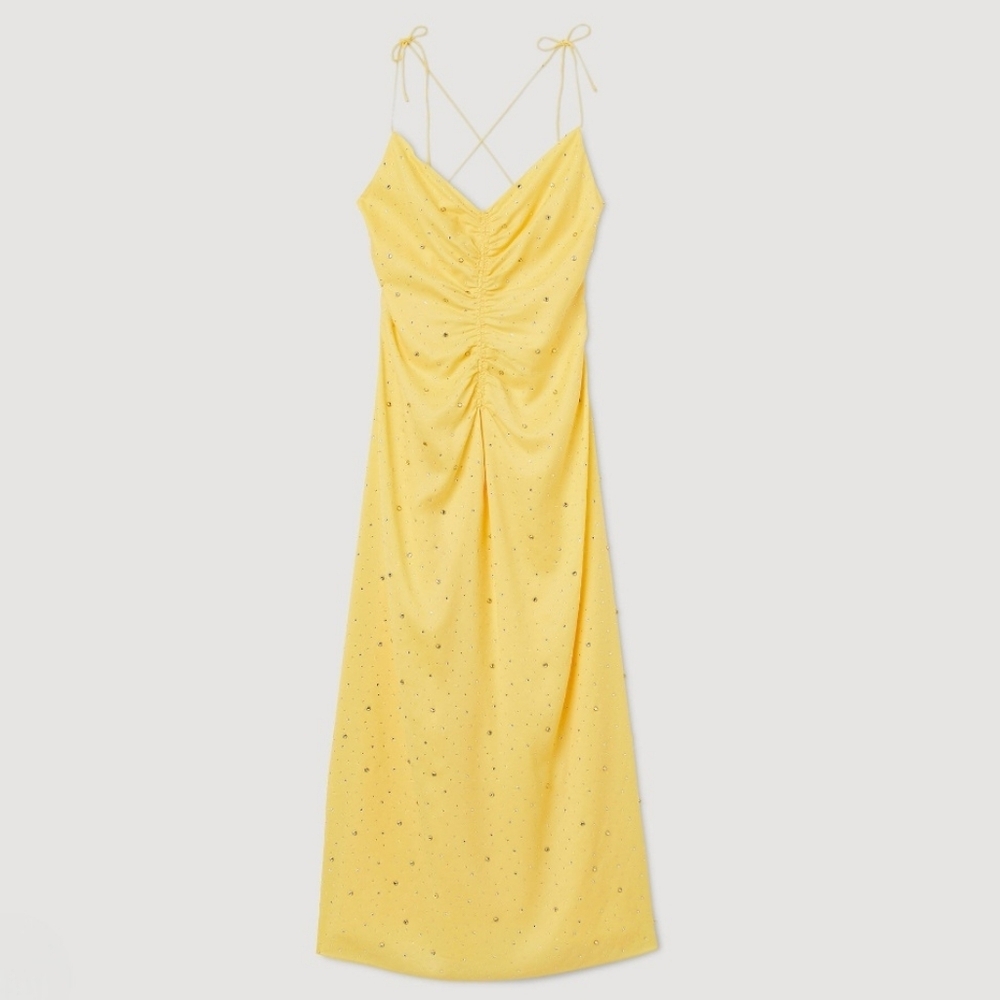 Nwt | Sandro Praline Strass V Neck Low Back Yellow Rhinestone Dress Eu38 Us6